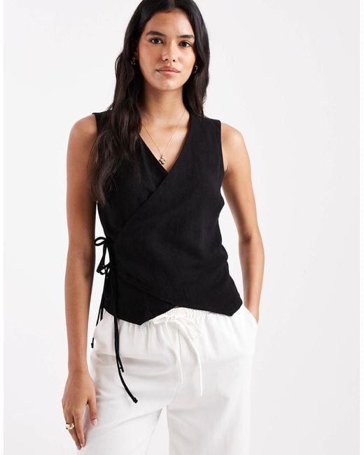 ASOS Black Linen Blend Wrap Tie Detail Waistcoat