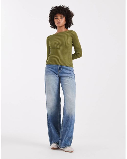 Top en maille côtelée à manches longues et encolure bateau - olive Miss Selfridge en coloris Green