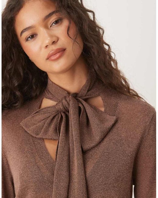 Mango Brown Fine Knit Cardigan With Neck Tie