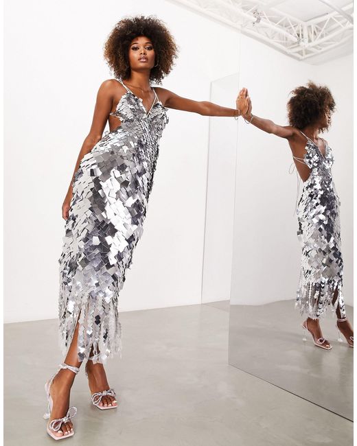 ASOS Square Paillette Sequin Midi Dress in Metallic | Lyst