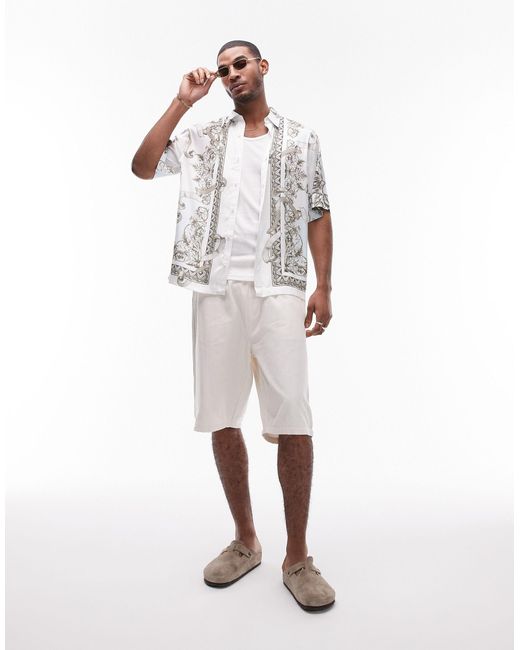Topman White Short Sleeve Relaxed Satin Printed Shirt for men