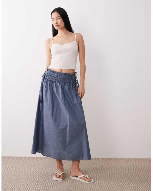 Wednesday's Girl Blue Chambray Tie Detail Midaxi Skirt