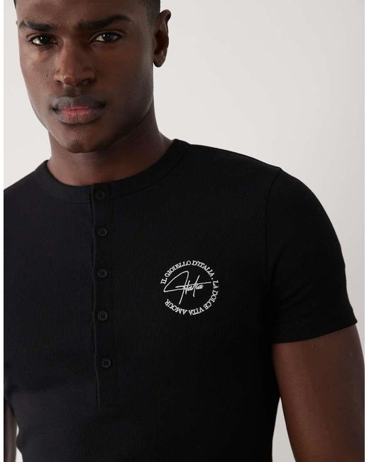 ASOS Black Muscle Henley T-shirt With Chest Graphic for men