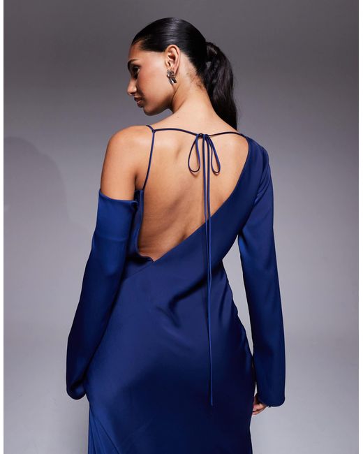ASOS Blue Asymmetric Neckline Tie Back Midi Dress
