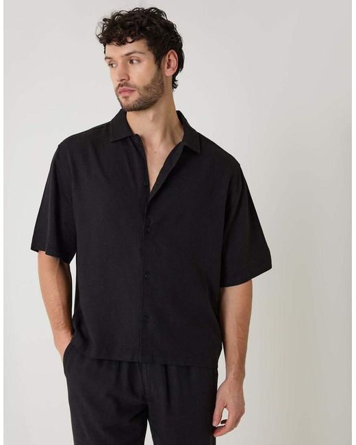 Threadbare Black Boxy Fit Linen Blend Short Sleeve Shirt for men