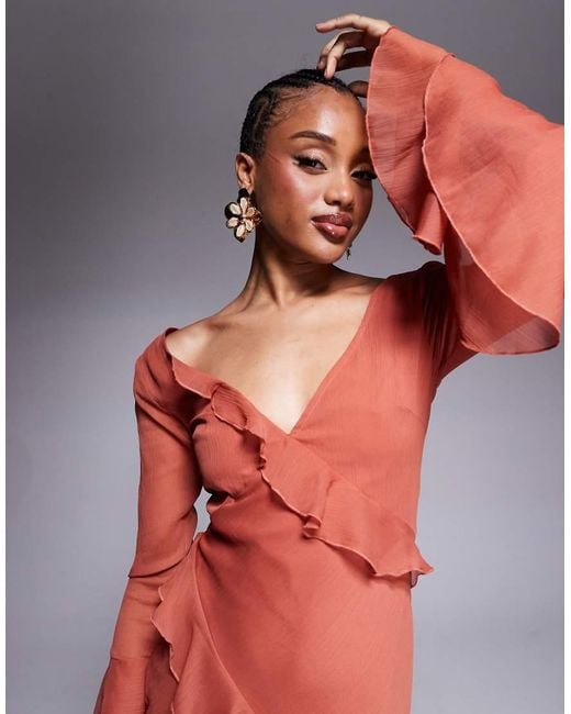 ASOS Red Asos Design Tall V Neck Long Sleeve Ruffle Maxi Dress With Cut Out Back