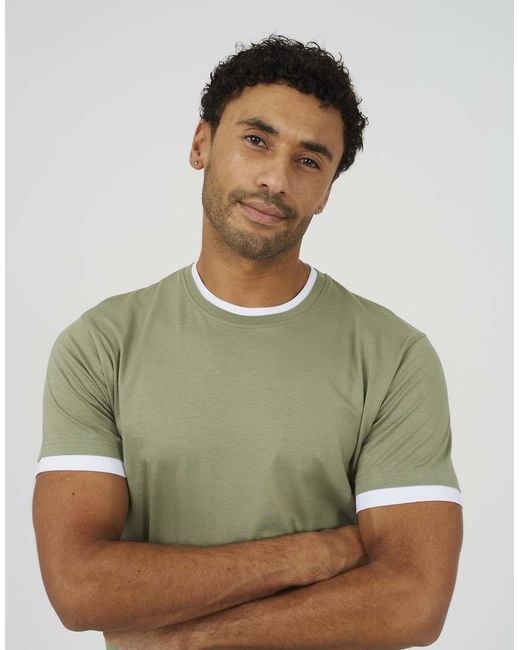 Brave Soul Green Cotton Contrast Trim T-Shirt for men