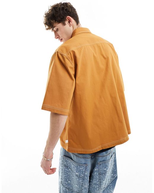 Collusion Orange Boxy Contrast Stitch Ripstop Shirt for men