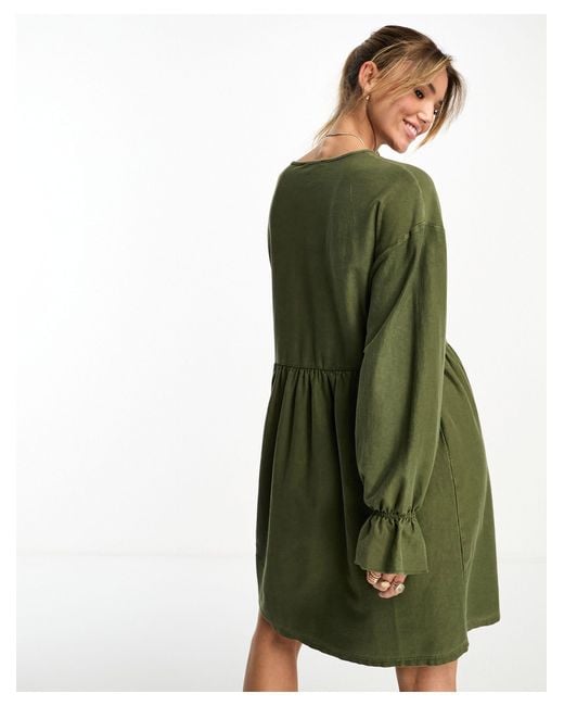 Miss Selfridge Long Sleeve Frill Detail Smock Mini Dress in Green