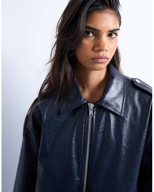 TOPSHOP Blue Faux Leather Washed Bomber Jacket