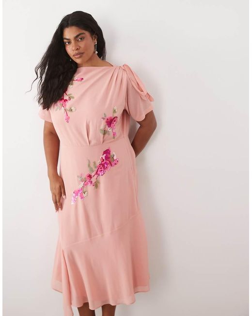 Hope & Ivy Plus Pink Slash Neck Tie Shoulder Embroidered Midi Dress