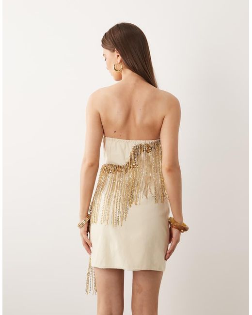 ASOS Natural Curved Bandeau Mini Dress With Gold Tassel Embellished Fringe