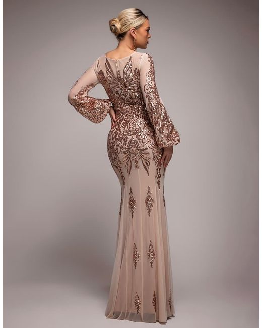 Goddiva Metallic Embellished Sequin Bishop Sleeve Maxi Dress