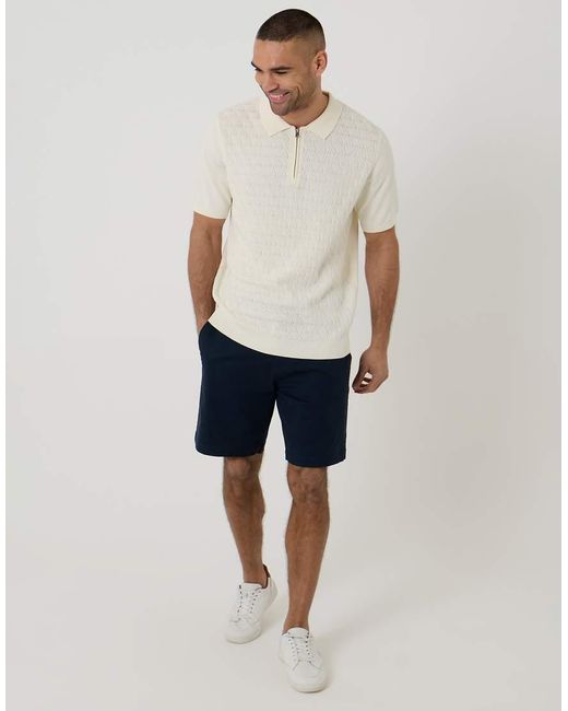 Threadbare White Diamond Cable Knit Quarter Zip Polo for men