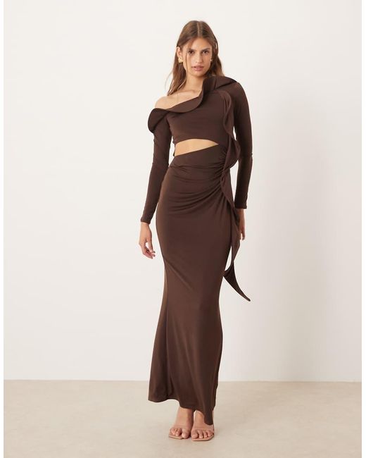 ASOS Natural Long Sleeve Structured Ruffle Midi Dress With Cut Out Detail