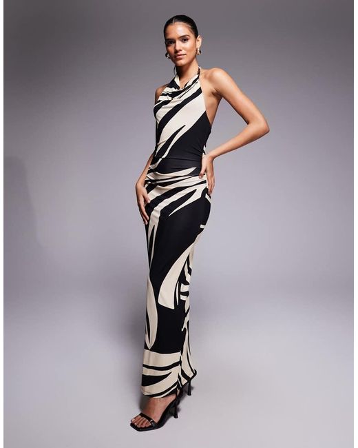 Forever New Maxi-Jurk Van Soepelvallende Stof Met Gedrapeerde Halternek En Abstracte Print in het Blue