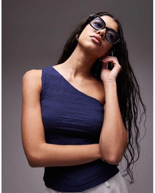 TOPSHOP Blue Crinkle One Shoulder Top