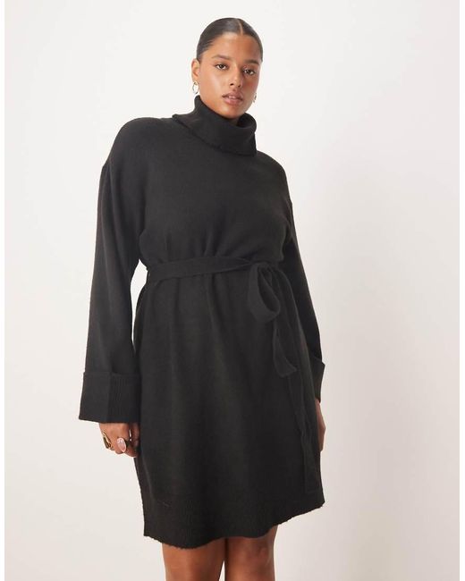 Vila Curve Black Tie Waist High Neck Knitted Mini Dress