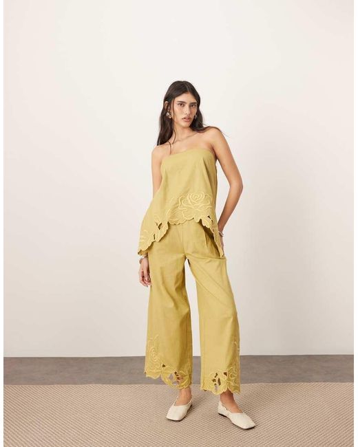 ARRANGE Yellow Cotton Embroidered Floral Cutwork Longline Bandeau Top Co-ord