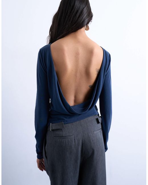 TOPSHOP Blue Cupro Long Sleeve Cowl Back Top