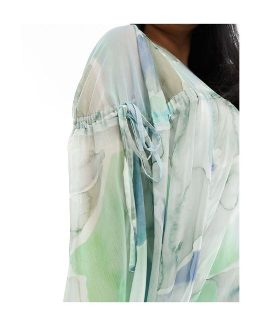 ASOS Green Curve Long Sleeve Chiffon Maxi Dress With Gathered Detail