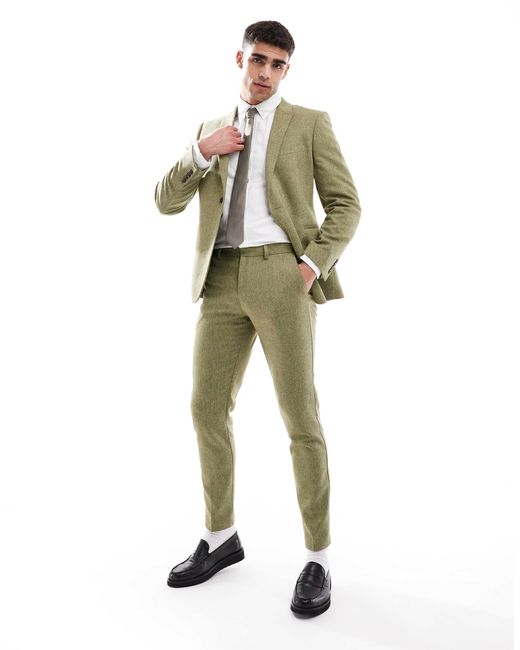 ASOS – eng geschnittene anzughose aus wollmix in Green für Herren