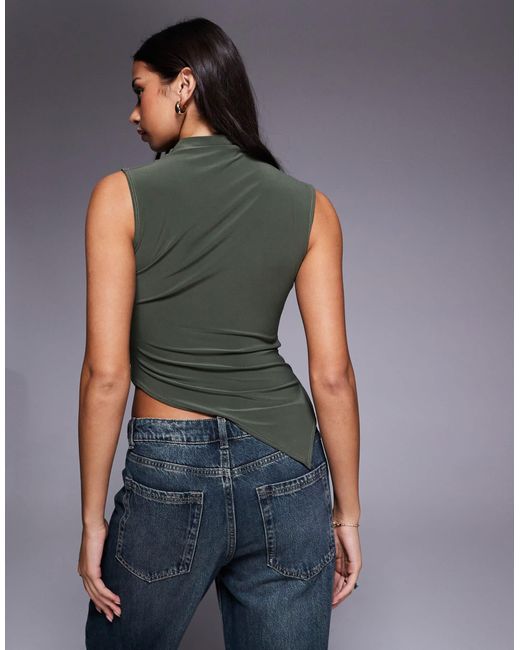 ASOS Gray Slinky Grown On High Neck Gathered Asymmetrical Hem Top