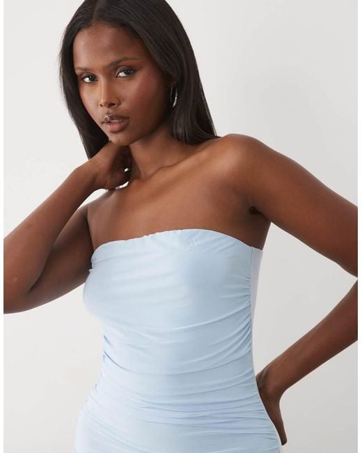 Missy Empire Blue Double Sculpted Slinky Bandeau Ruched Waist Detail Maxi Dress