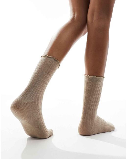 Vero Moda Brown Ribbed Frill Socks