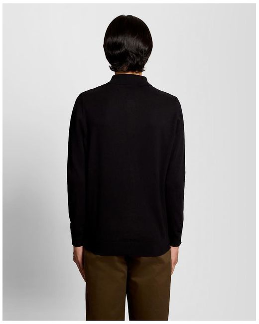 Lyle & Scott Black Cotton Merino Long Sleeve Knitted Polo for men