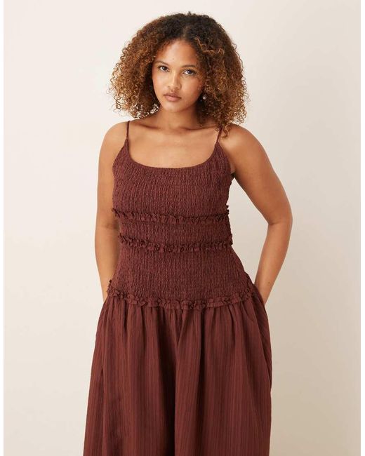 ASOS Brown Asos Design Curve Crinkle Maxi Sundress With Shirred Dropped Waist