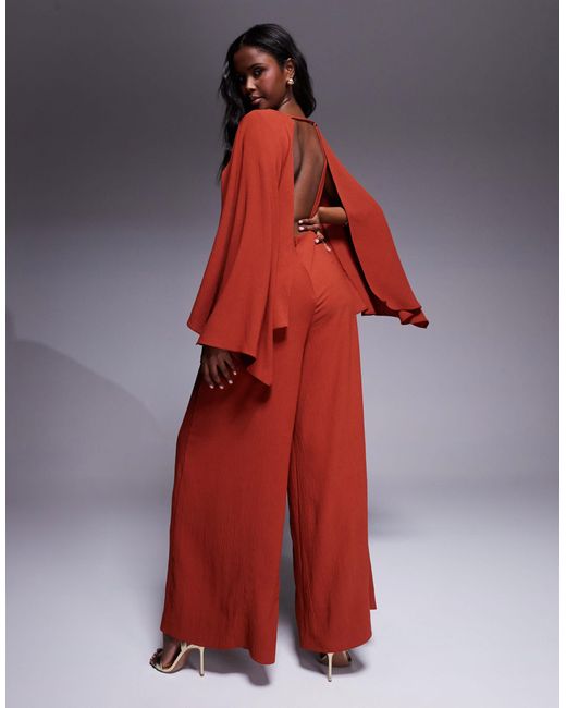 ASOS Red Cape Detail Wide Leg Jumpsuit With Open Back