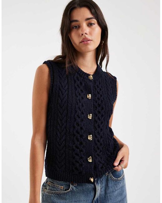 4th & Reckless Blue Chunky Cable Knit Gold Button Sleeveless Vest