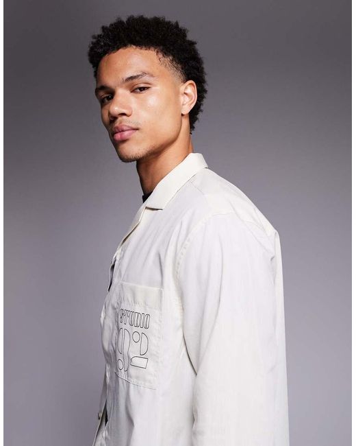 ASOS Gray Relaxed Revere Shirt With Back And Pocket Embroidery for men
