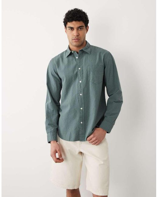 SELECTED Gray 100% Cotton Long Sleeve Seersucker Shirt for men