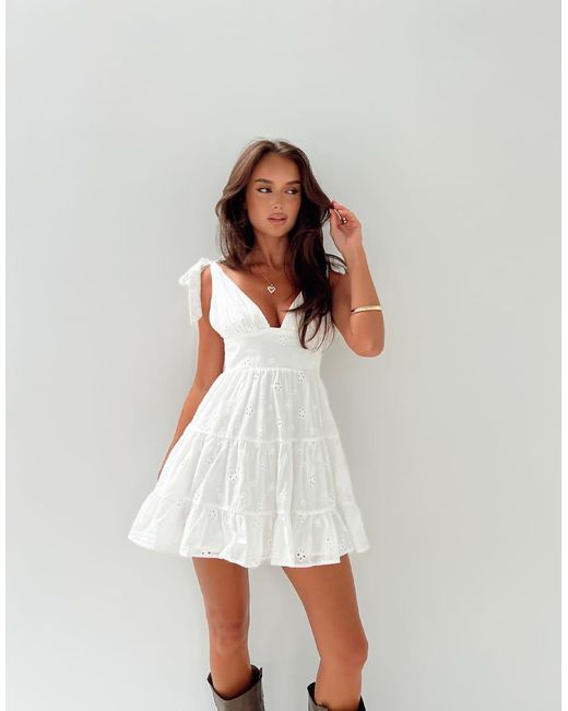 Princess Polly White Galvis Cotton Rich Broderie Tie Shoulder Tiered Mini Dress