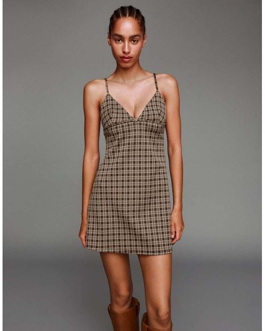 Bershka Brown Check Mini Dress