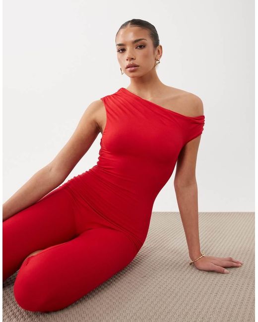 AFRM Red Gina Asymmetric Shoulder Capri Jumpsuit