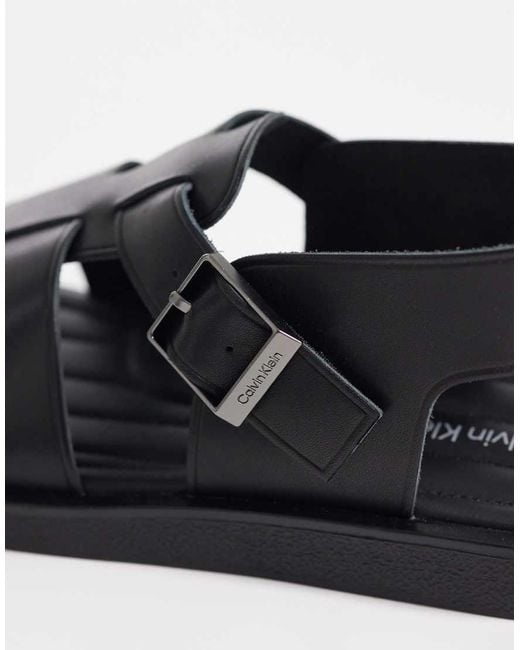 Calvin Klein Black Real Leather Fisherman Sandals for men