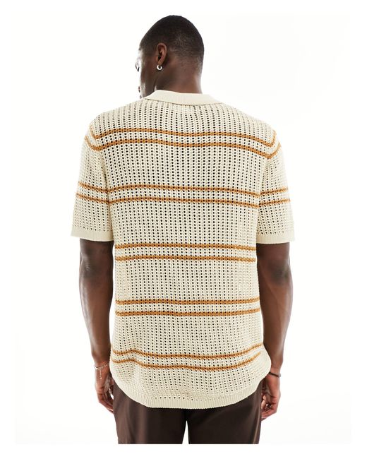 ASOS Natural Lightweight Knitted Pointelle Button Through Polo With Orange Stripe for men