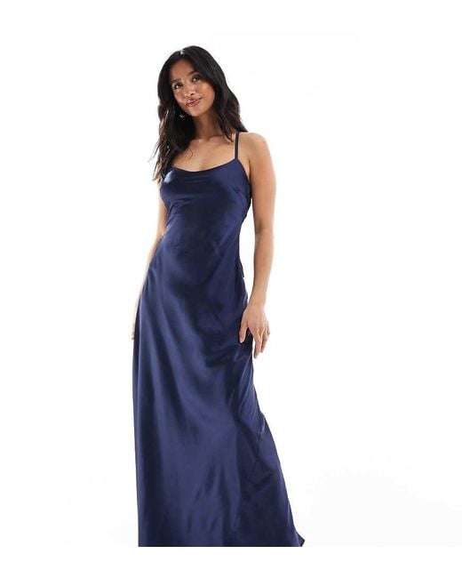 TFNC London Blue Bridesmaid Cami Satin Maxi Dress With Chiffon Tie Back