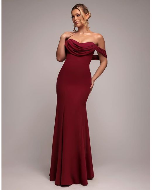 Goddiva Red Chiffon Bardot Cowl Neck Maxi Dress