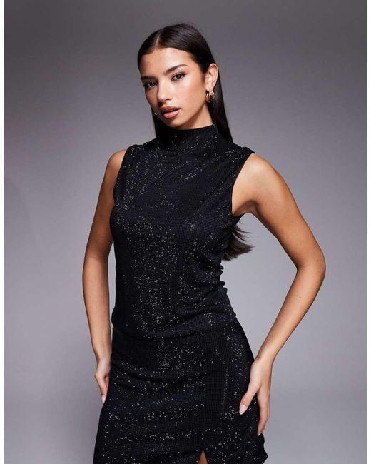 Mango Black Embellished High Neck Sleeveless Top Co-ord