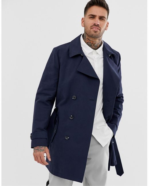 ASOS Blue Shower Resistant Double Breasted Trench Coat for men