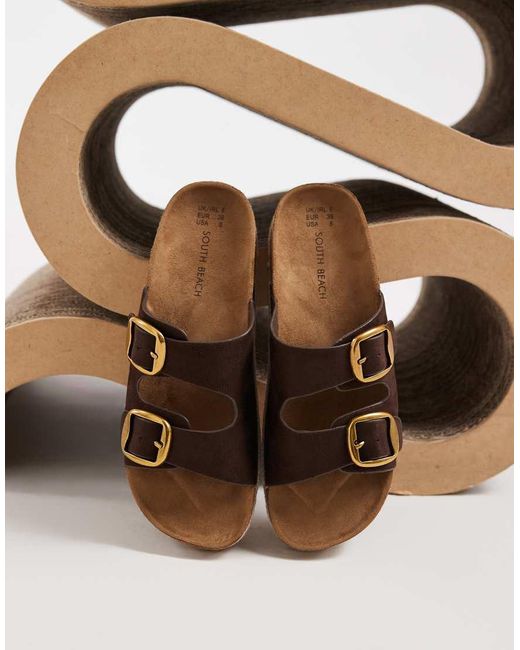 South Beach Brown Double Buckle Sandals