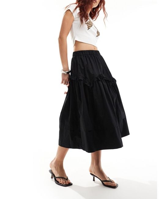 Urban Revivo Black Ruffle Detail Cotton Midaxi Skirt