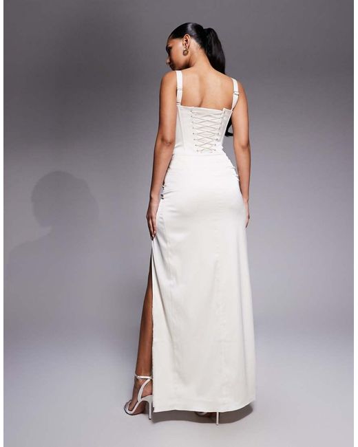 Oh Polly Gray Satin Square Neck Corset Maxi Dress