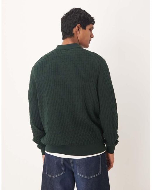 ASOS Green Relaxed Long Sleeve Knit Textured Polo for men