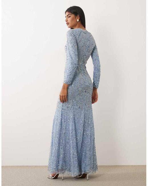 Beauut Blue Embellished Long Sleeve Maxi Dress