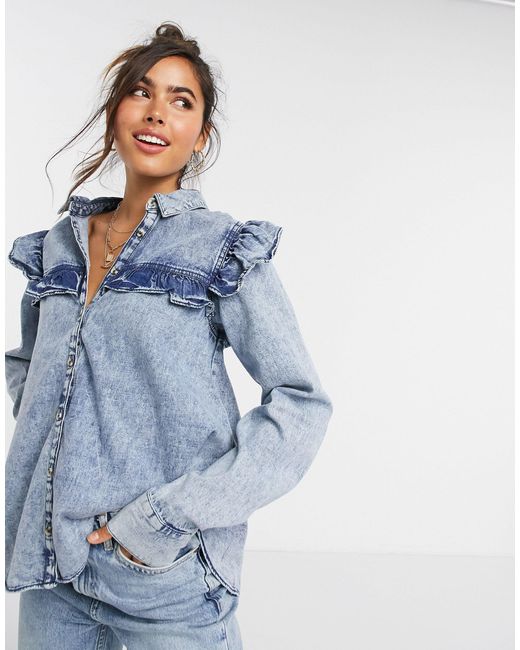 Free People Ruffle Denim Shirt in Blue 